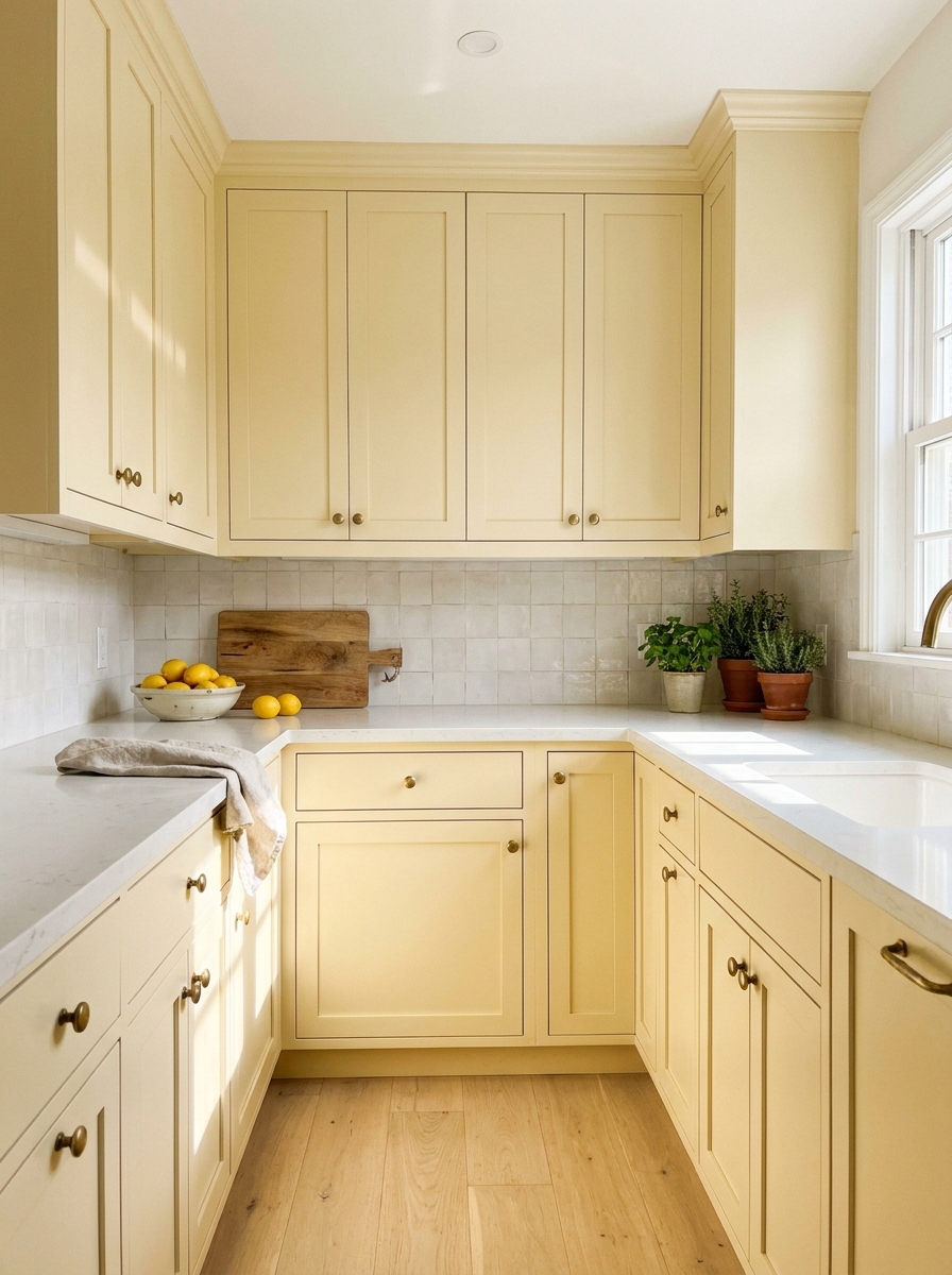 Bright small kitchen with soft butter yellow shaker cabinets, white stone counters, pale oak flooring, tile backsplash, and brass knobs