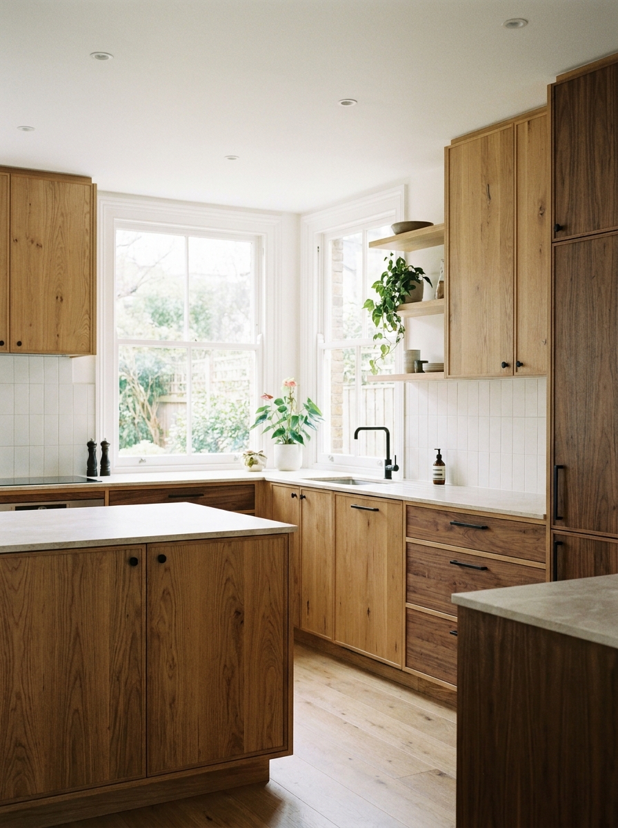 Modern kitchen with natural oak and walnut flat-panel cabinets, pale stone counters, white backsplash, and black hardware