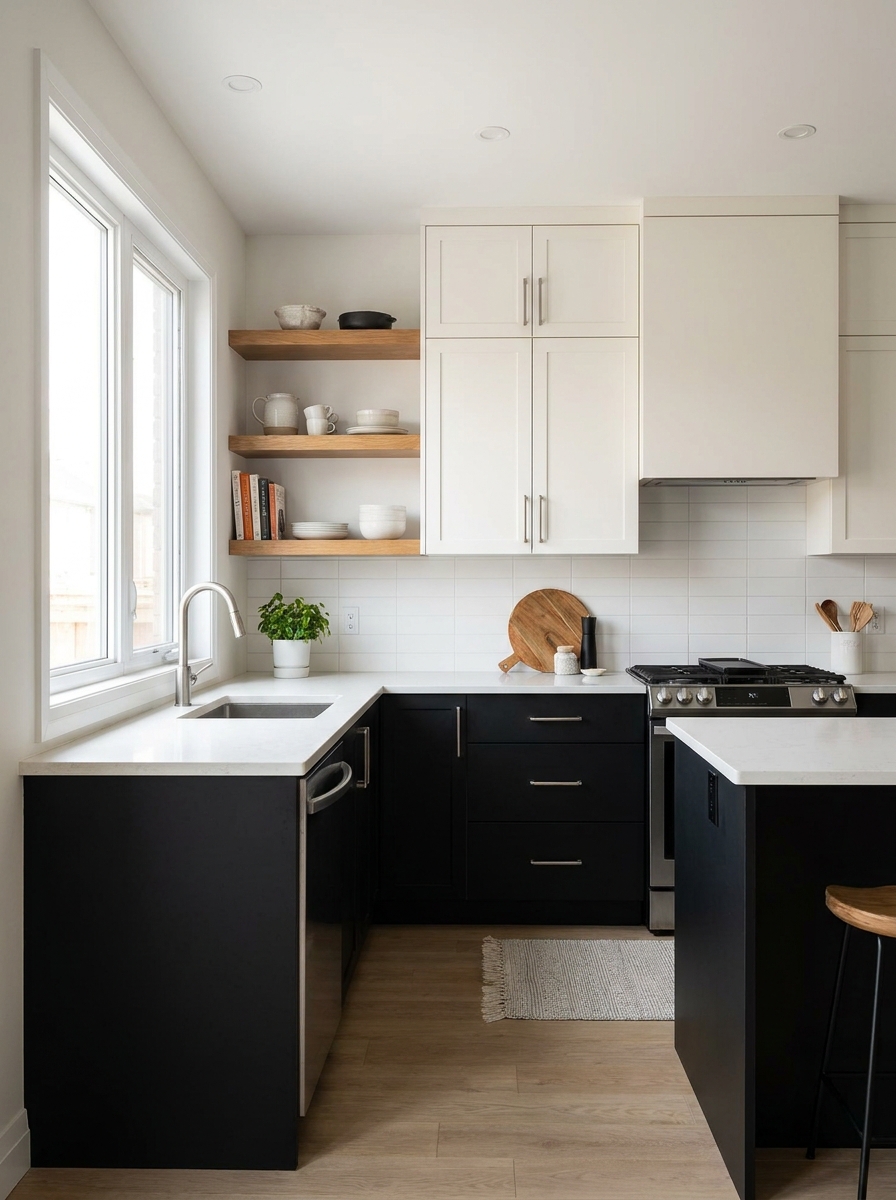 Contemporary kitchen with matte black lower cabinets, warm white uppers, pale quartz counter, white backsplash, oak shelves, and nickel hardware