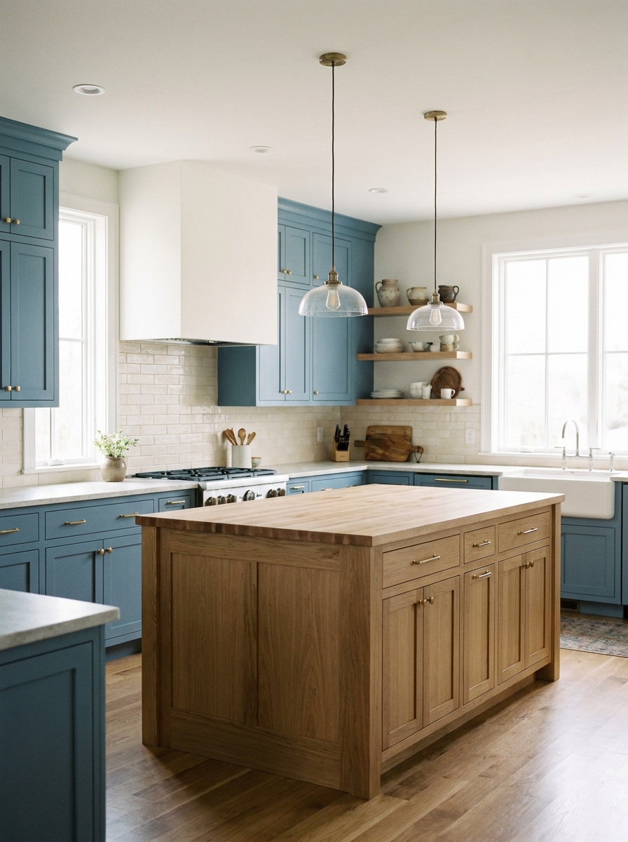 Two-tone kitchen with muted blue perimeter cabinets, natural oak island, pale stone counters, cream backsplash, and simple pendants