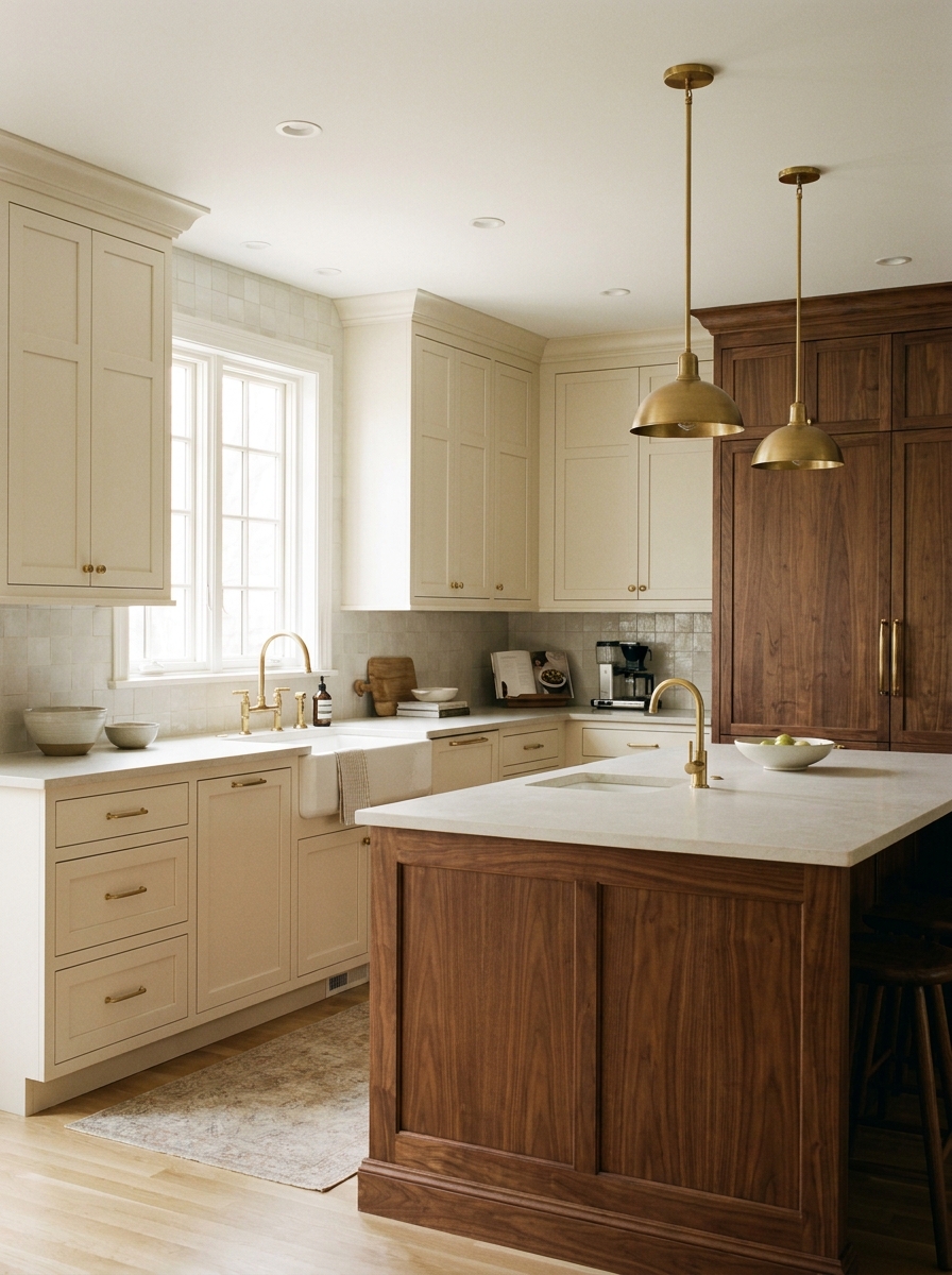 Elegant kitchen with cream perimeter cabinets, walnut island and pantry wall, pale stone counters, off-white backsplash, and brass details