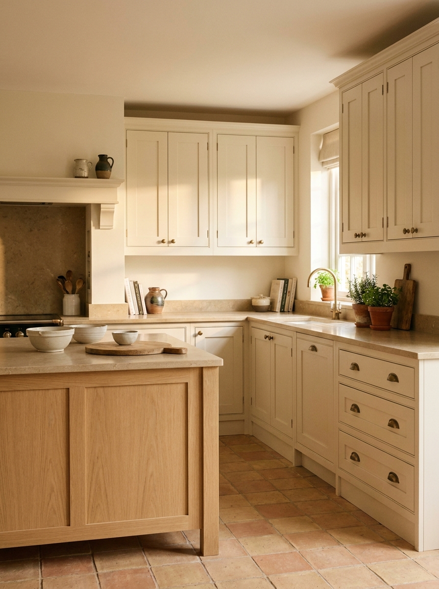 Soft cream panelled kitchen cabinets with beige stone counters, oak island, antique brass knobs, and terracotta floor