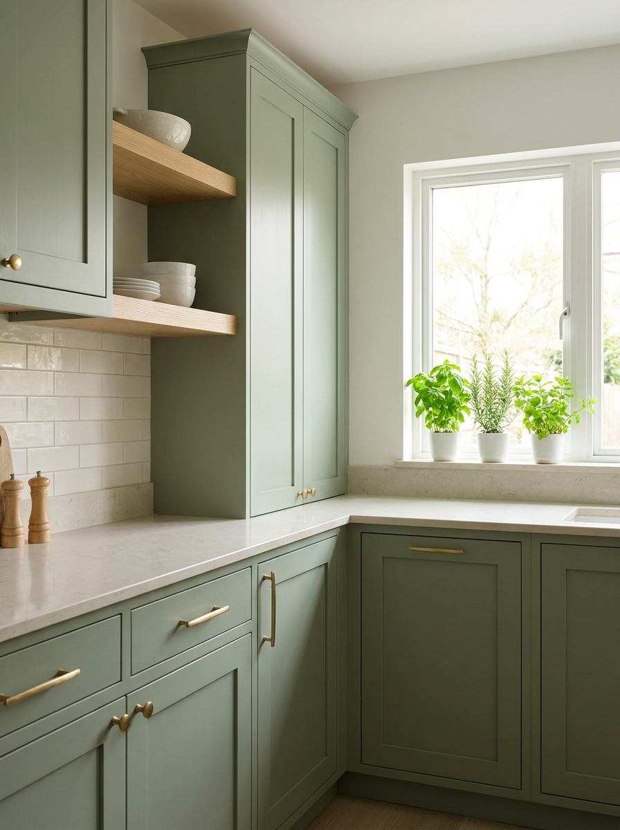 Muted sage green kitchen cabinets with pale stone counter, oak open shelves, brass handles, and warm white backsplash