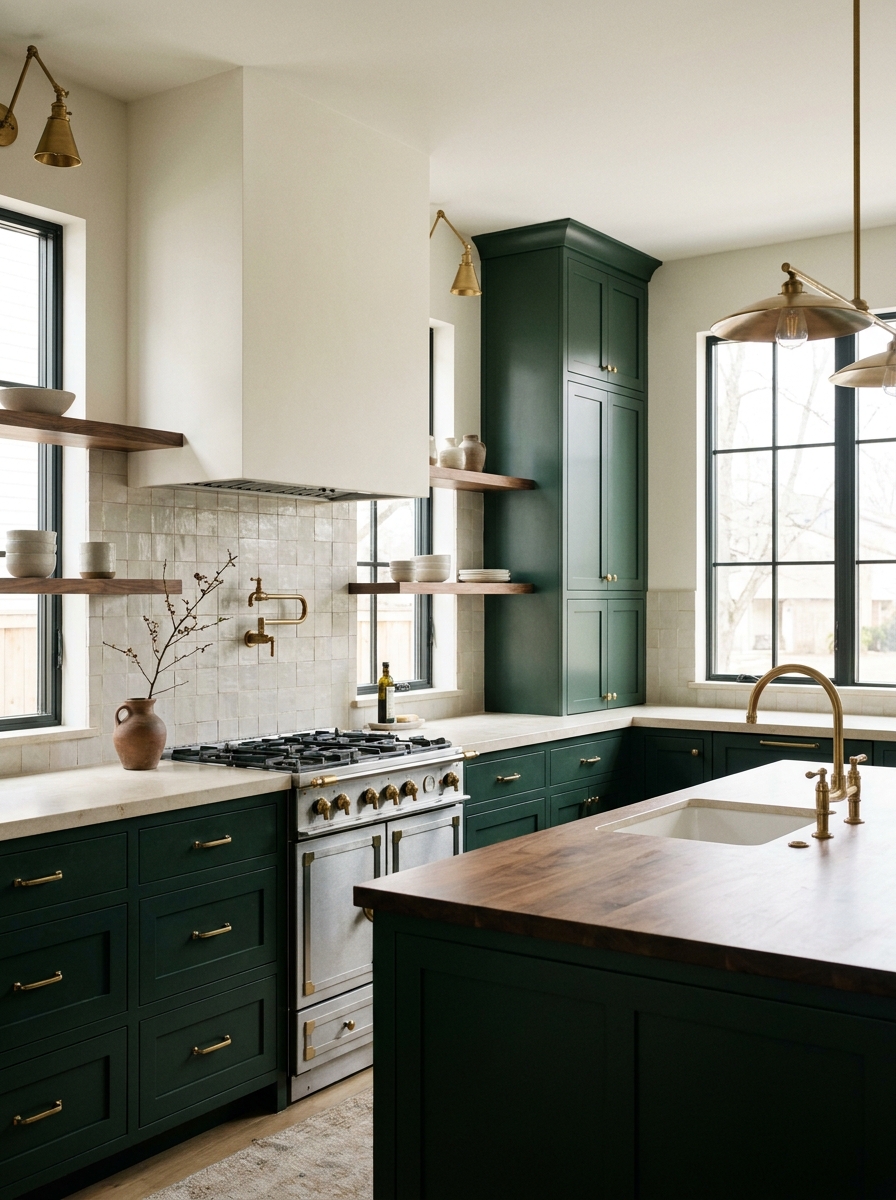 Sophisticated kitchen with deep forest green cabinets, cream stone counters, pale backsplash, walnut details, and brass hardware