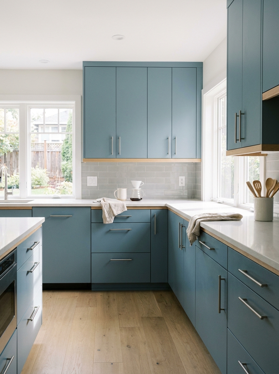 Kitchen with dusty blue cabinets, pale quartz counters, light oak flooring, gray backsplash, and brushed nickel hardware