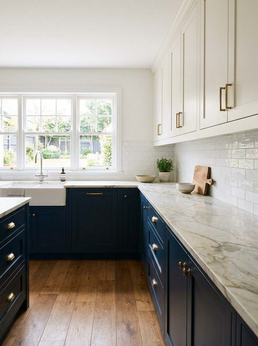 Tailored kitchen with navy blue lower cabinets, warm white uppers, pale marble-look counter, white tile, and brass hardware
