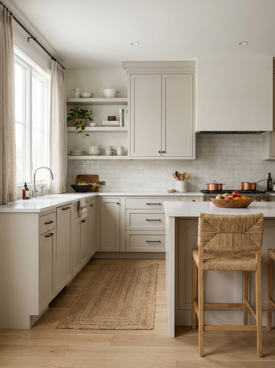 Calm contemporary kitchen with pale gray cabinets, white stone counters, textured off-white tile, wood floor, and black hardware