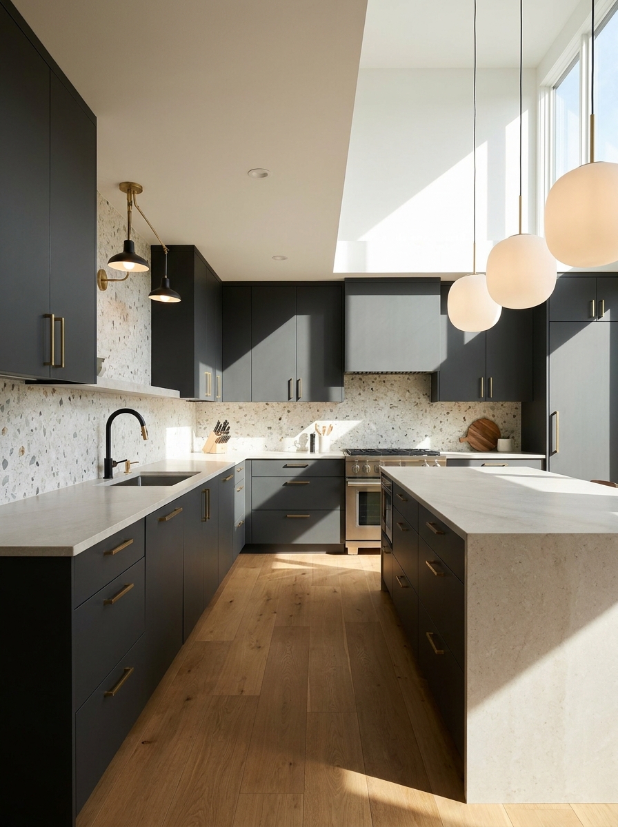 Modern kitchen with charcoal flat-panel cabinets, pale stone counters, light terrazzo backsplash, oak flooring, and pendant lighting
