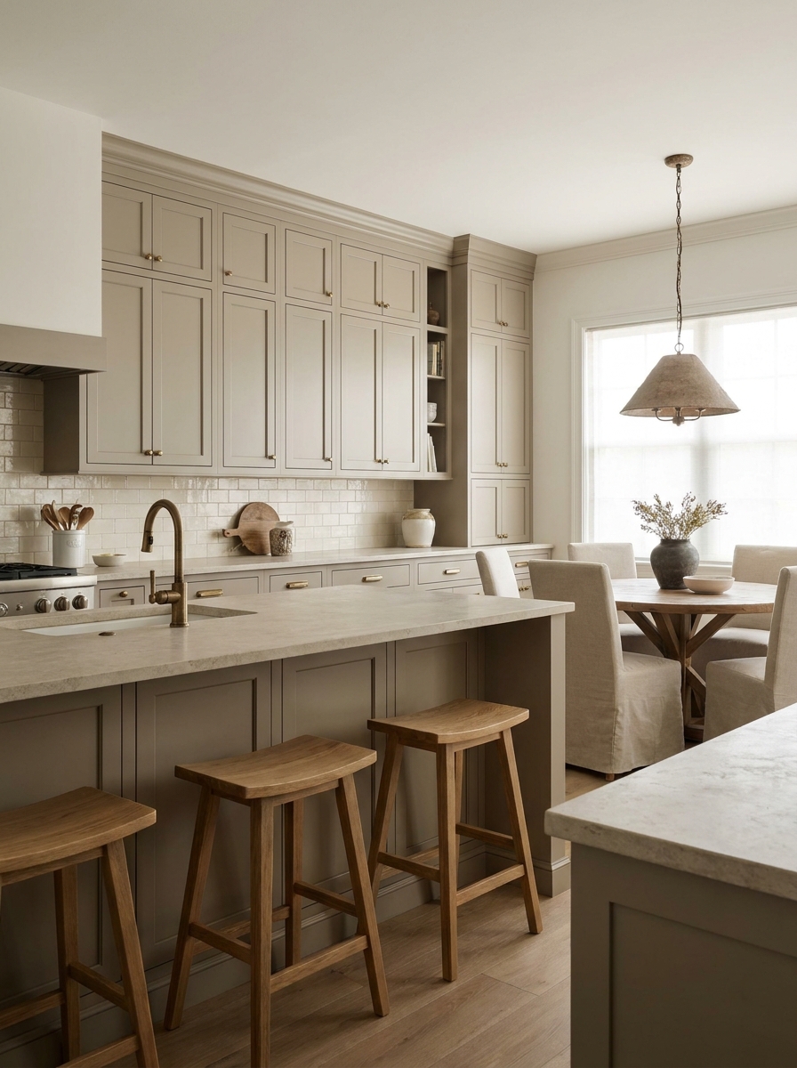 Open-plan kitchen with warm greige cabinets, limestone-look counter, oak stools, cream backsplash, and aged brass hardware