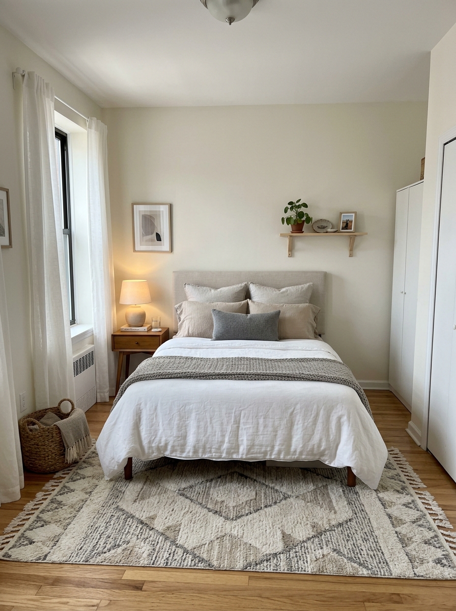 Small apartment bedroom layout with bed against the longest wall, neutral bedding, slim nightstand, small wall shelf, soft rug, light curtains, and clear walking space