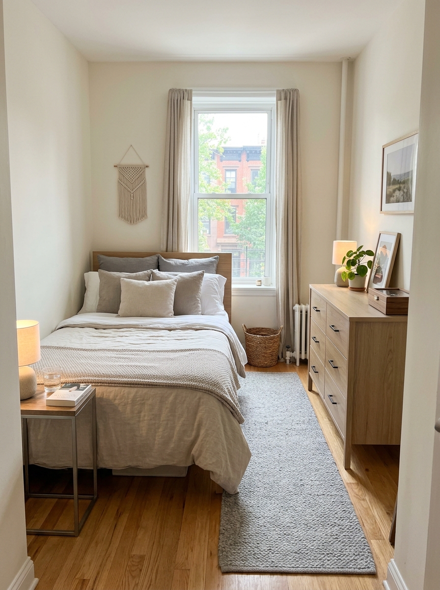 Narrow apartment bedroom with bed placed parallel to the long wall, clear walkway along one side, slim nightstand, narrow dresser, soft rug runner, and window at the far end