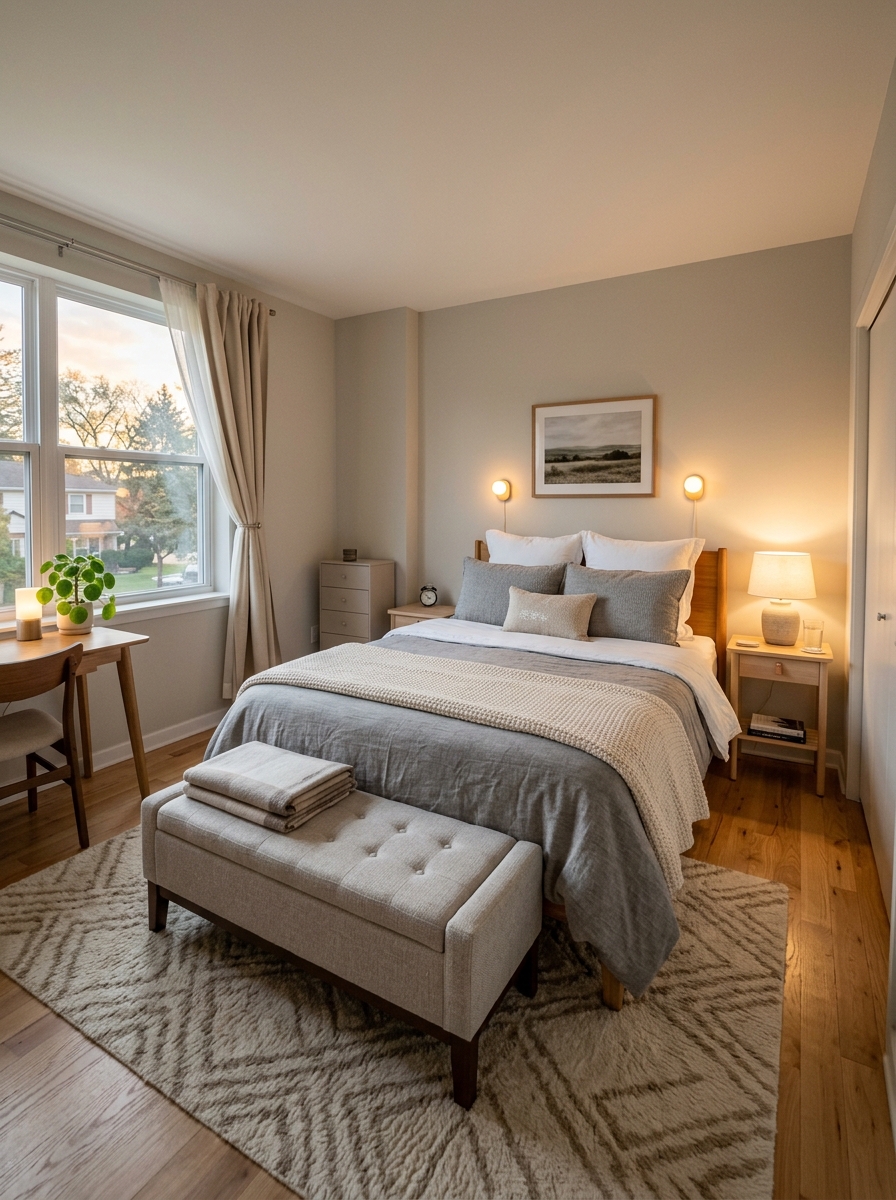 Small apartment bedroom with narrow upholstered storage bench at the foot of the bed, neutral layered bedding, soft rug, slim nightstands, warm lighting, and walking space