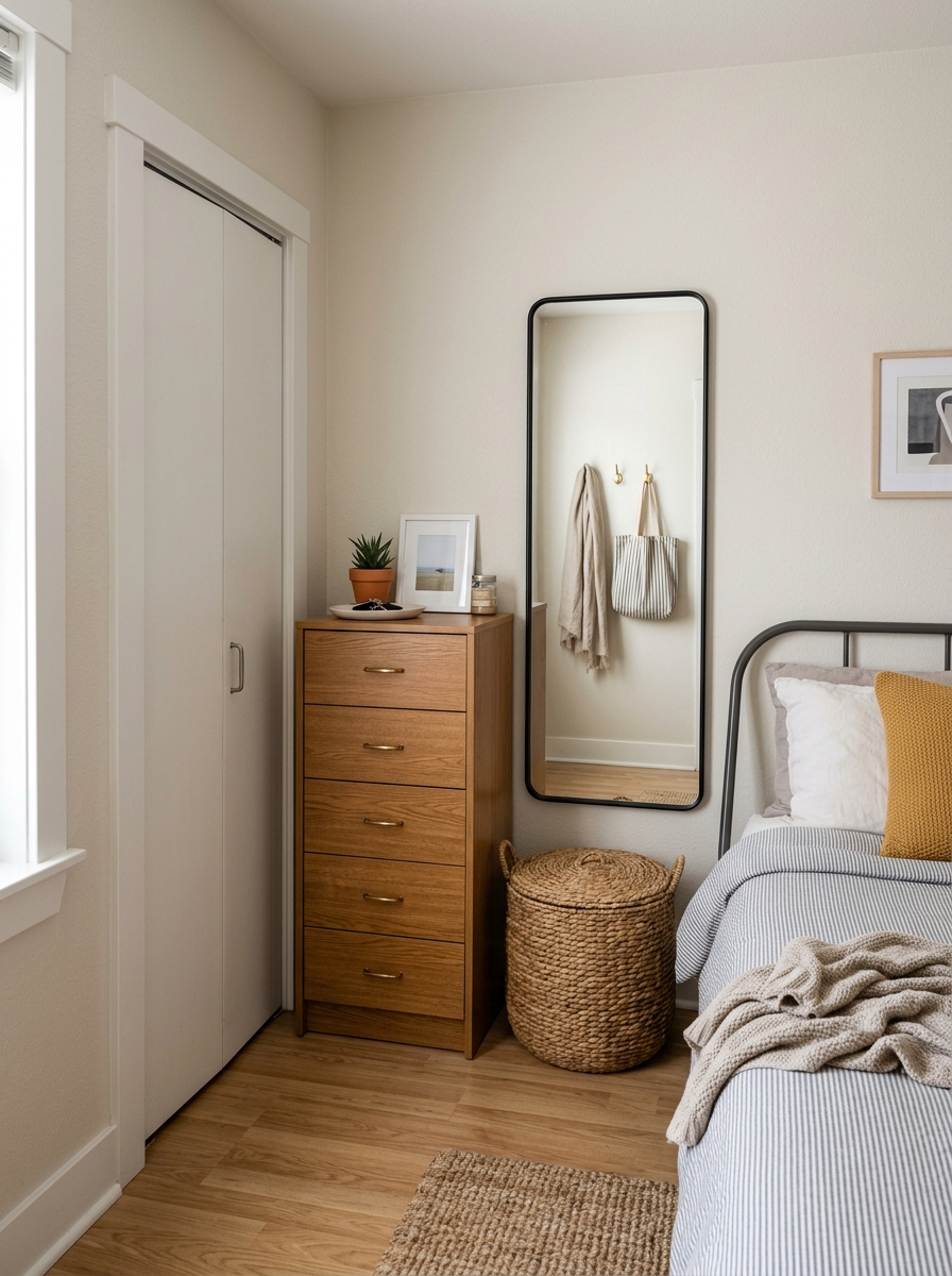 Small apartment bedroom with closet-side storage zone, closet door, slim dresser, full-length mirror, lidded basket, small hooks, and cozy bed nearby
