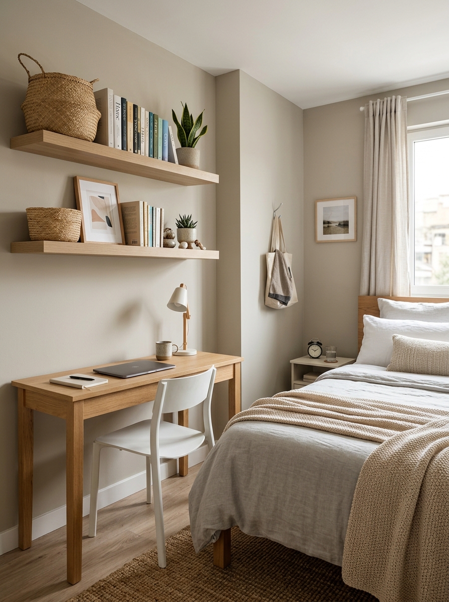 Small apartment bedroom with floating shelves above compact desk or dresser holding baskets, books, framed art, small decor, cozy bed nearby, and neutral colors