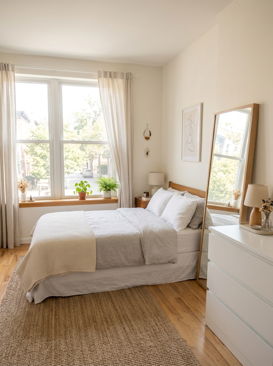 Small apartment bedroom with full-length mirror placed across from the window to reflect soft daylight, neutral bedding, curtains, small dresser, and clean uncluttered layout