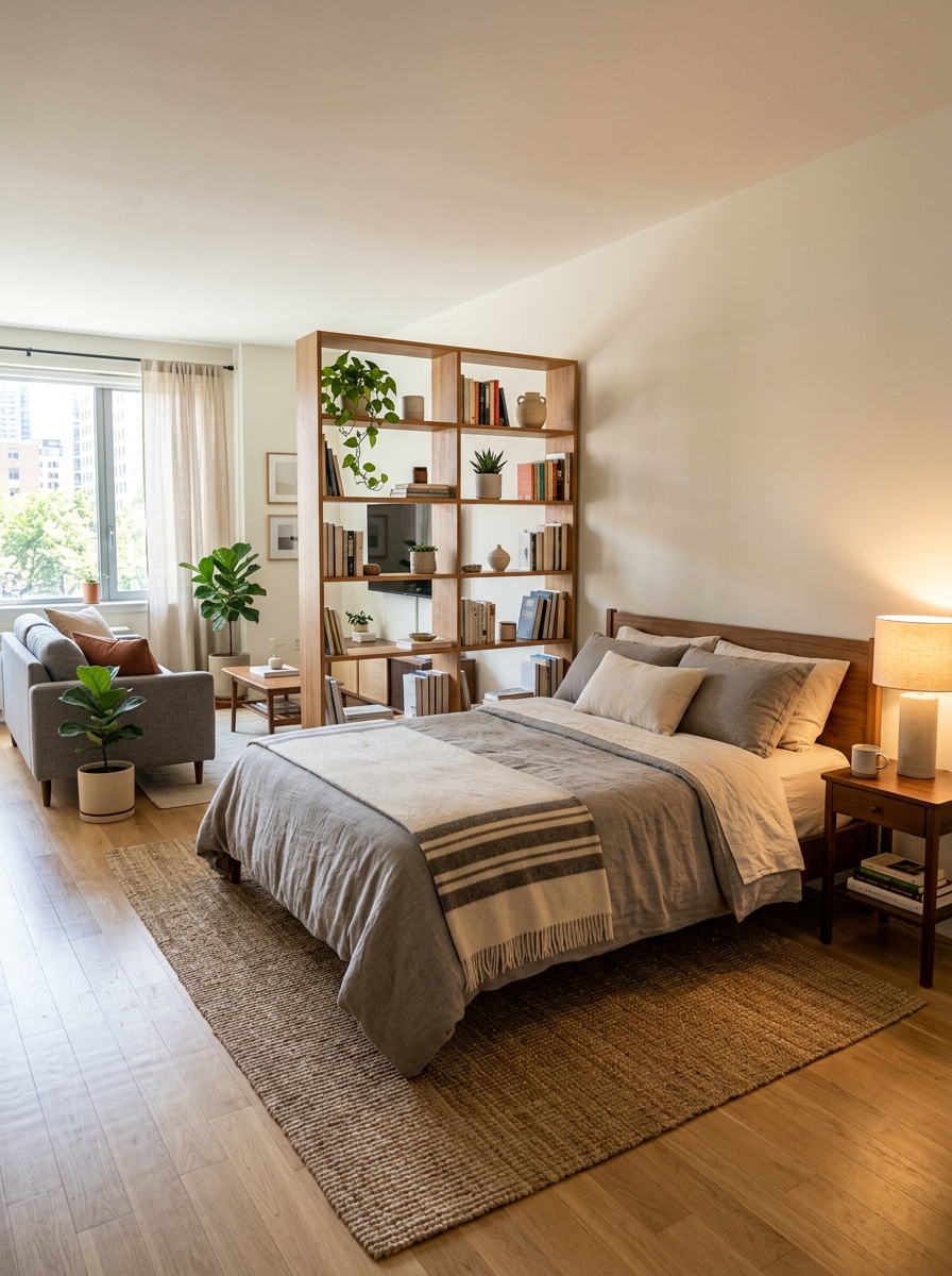 Studio apartment bedroom zone with bed separated from living space by rug and open bookshelf or curtain divider, neutral bedding, nightstand, warm lamp, compact sofa, and practical apartment layout
