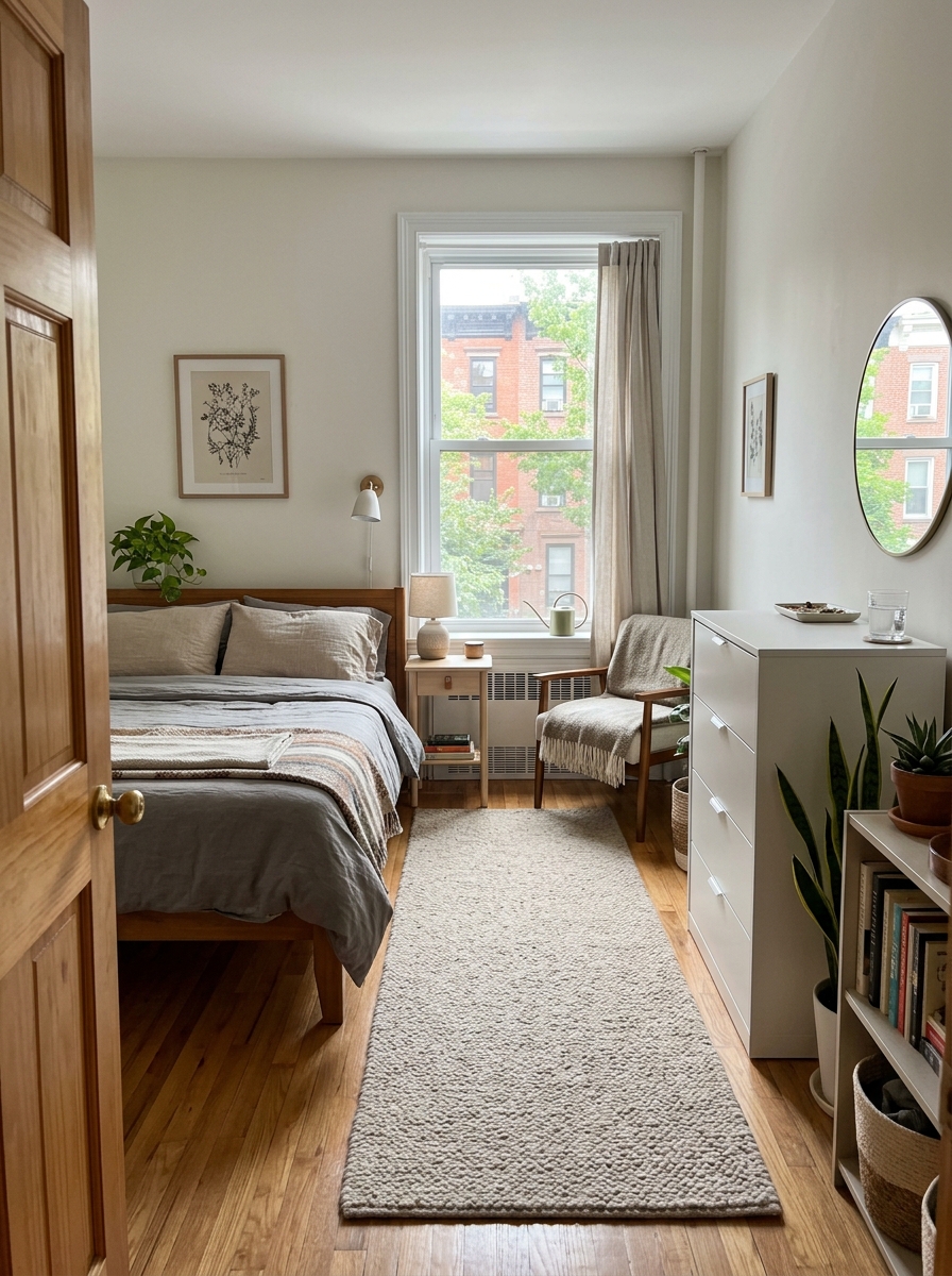 Small apartment bedroom layout with clear path from the door to the window, bed positioned to one side, slim furniture, soft rug, dresser against the wall, and open walking space
