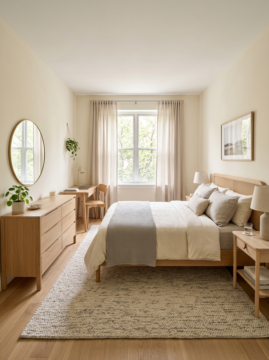 Balanced small apartment bedroom layout with cozy bed, slim nightstand, dresser, full-length mirror, small desk or vanity, soft rug, curtains, clear walking space, cream beige light wood and soft gray palette