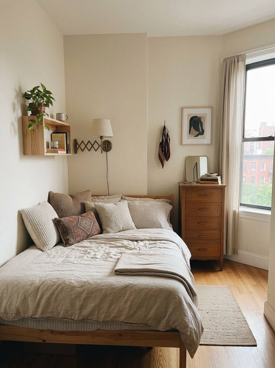 Tiny apartment bedroom with bed pushed into a corner, pillows along the side wall, wall-mounted shelf, plug-in wall sconce, narrow dresser, and open walkway