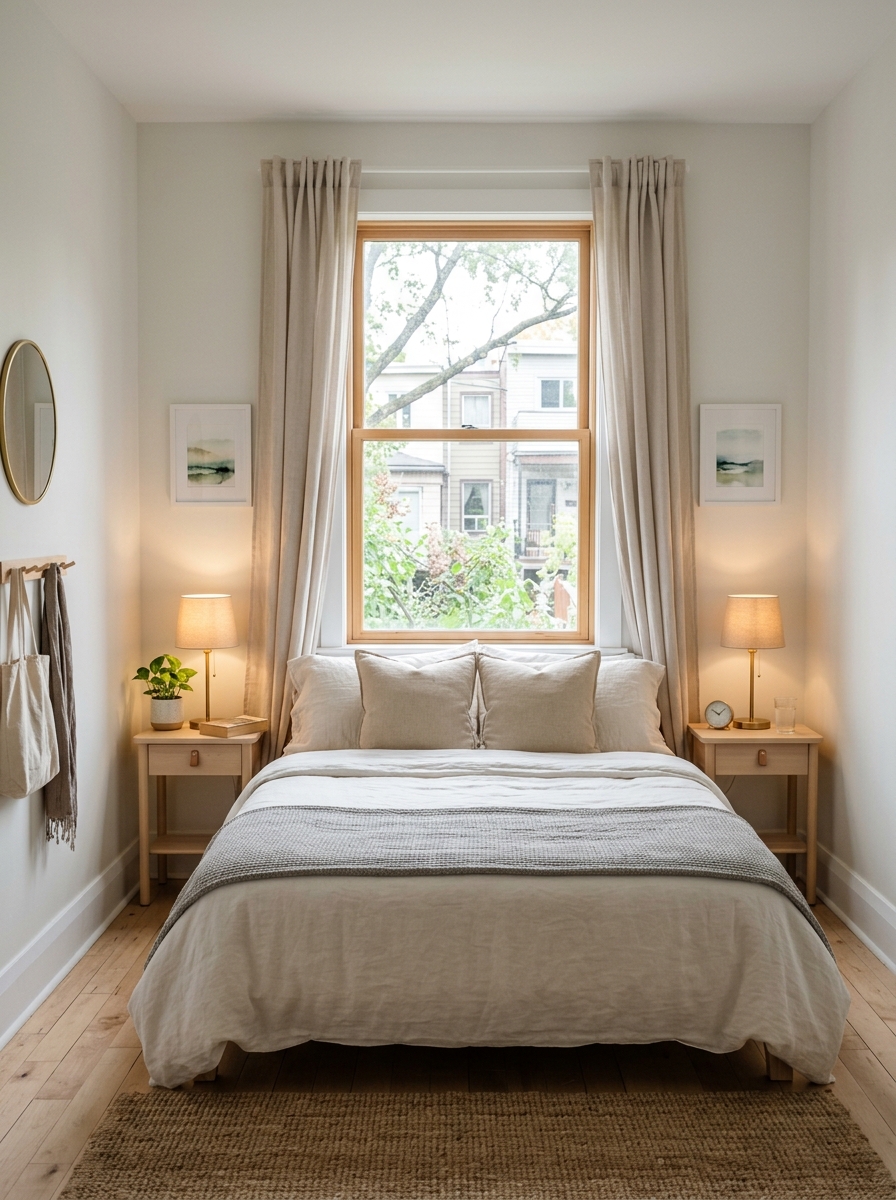 Small apartment bedroom with bed centered under a window, soft curtains, neutral bedding, low headboard, slim nightstands, warm lamps, small rug, and natural daylight
