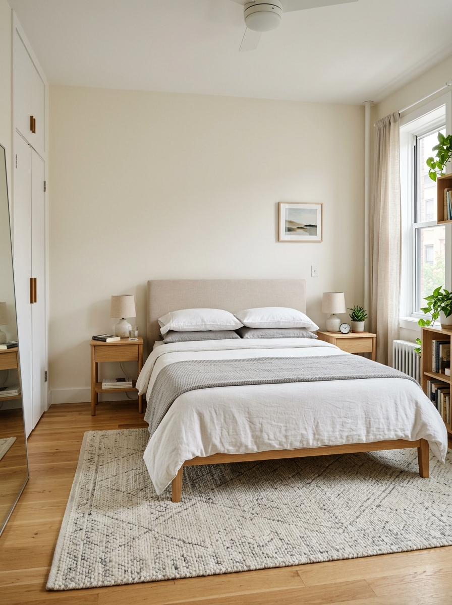 Polished small apartment bedroom with bed slightly floated away from the wall, low upholstered headboard, two slim nightstands, soft rug under the bed, neutral bedding, light wood furniture, and clear walking space
