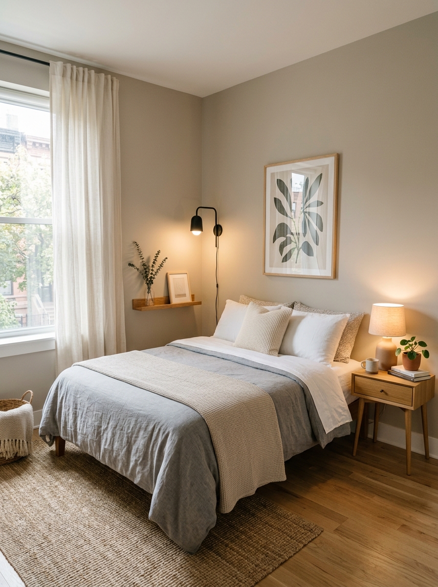 Small apartment bedroom layout using one slim nightstand and lamp on one side of the bed, wall sconce or small ledge on the other side, neutral bedding, soft curtains, and compact balanced layout