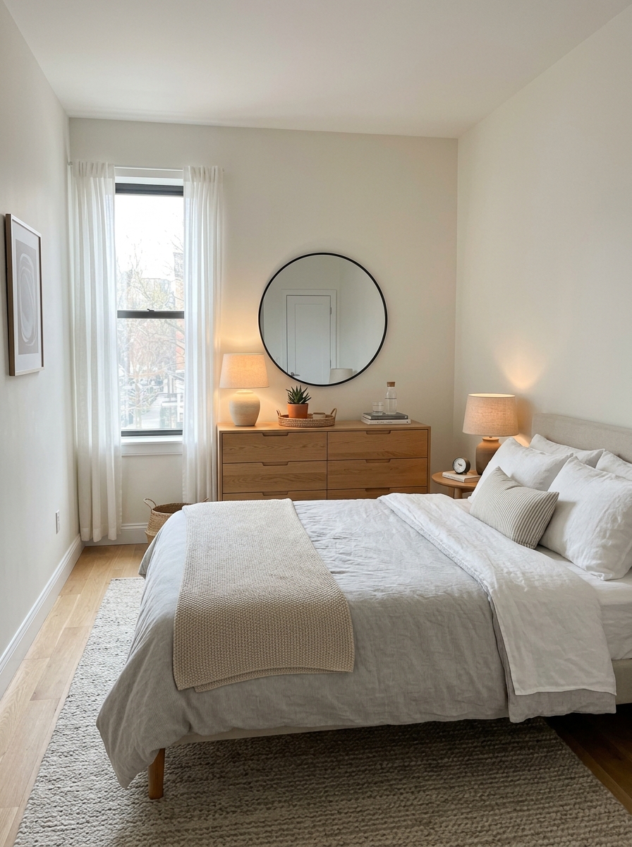 Small apartment bedroom with dresser opposite the bed, neatly made bed in foreground, low dresser with mirror above, warm lamp, decor tray, soft rug, and walkway space