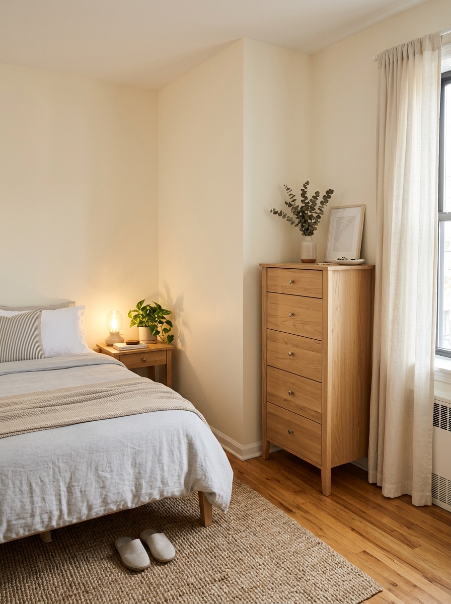 Small apartment bedroom with tall light wood or white dresser in an empty corner, neutral bed, soft curtains, rug, warm lighting, and clear floor space