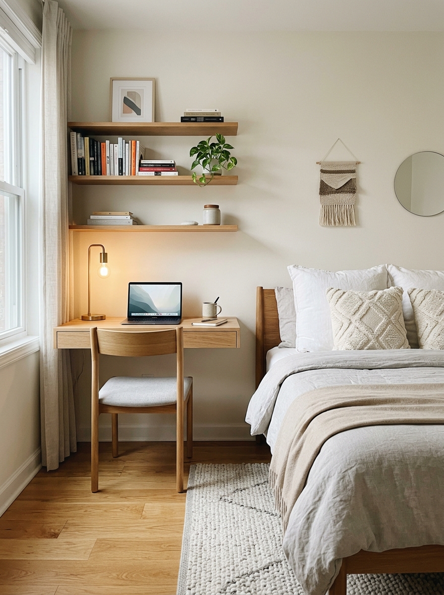 Small apartment bedroom with slim desk zone beside the bed, compact desk acting partly as a nightstand, small chair tucked underneath, warm desk lamp, laptop, neutral bedding, soft rug, and shelves above