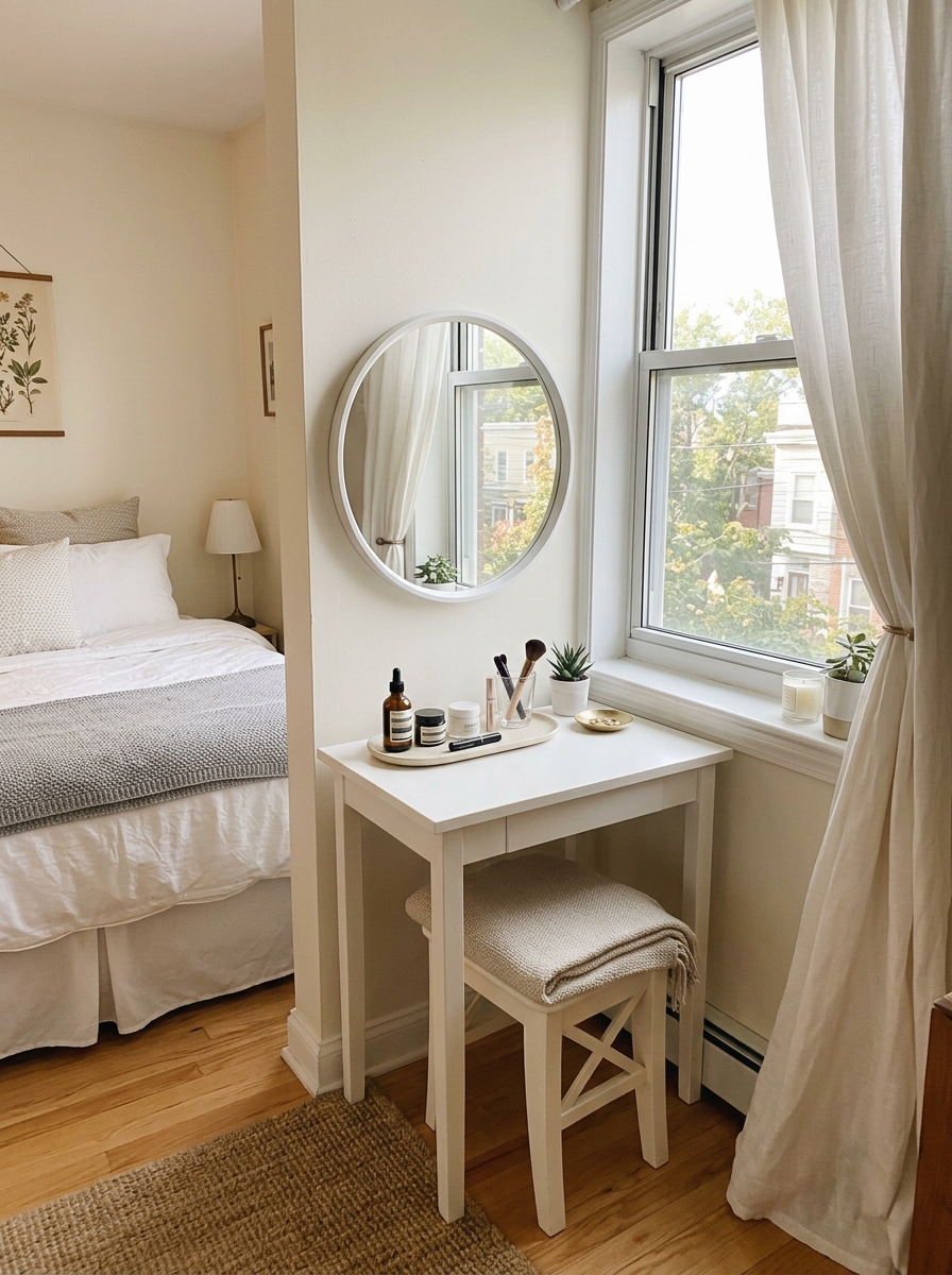 Small apartment bedroom with slim white or pale wood vanity beside the window, round mirror, small stool, soft curtains, natural daylight, beauty tray, and cozy bed nearby