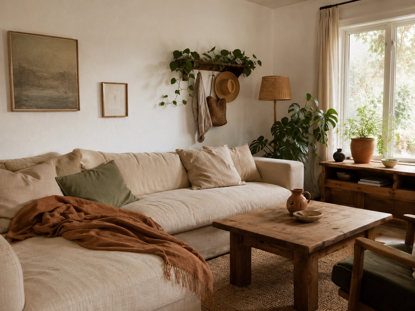 Earthy boho living room with a cream sofa, terracotta throw, light wood furniture, woven rug, ceramic vases, and plants