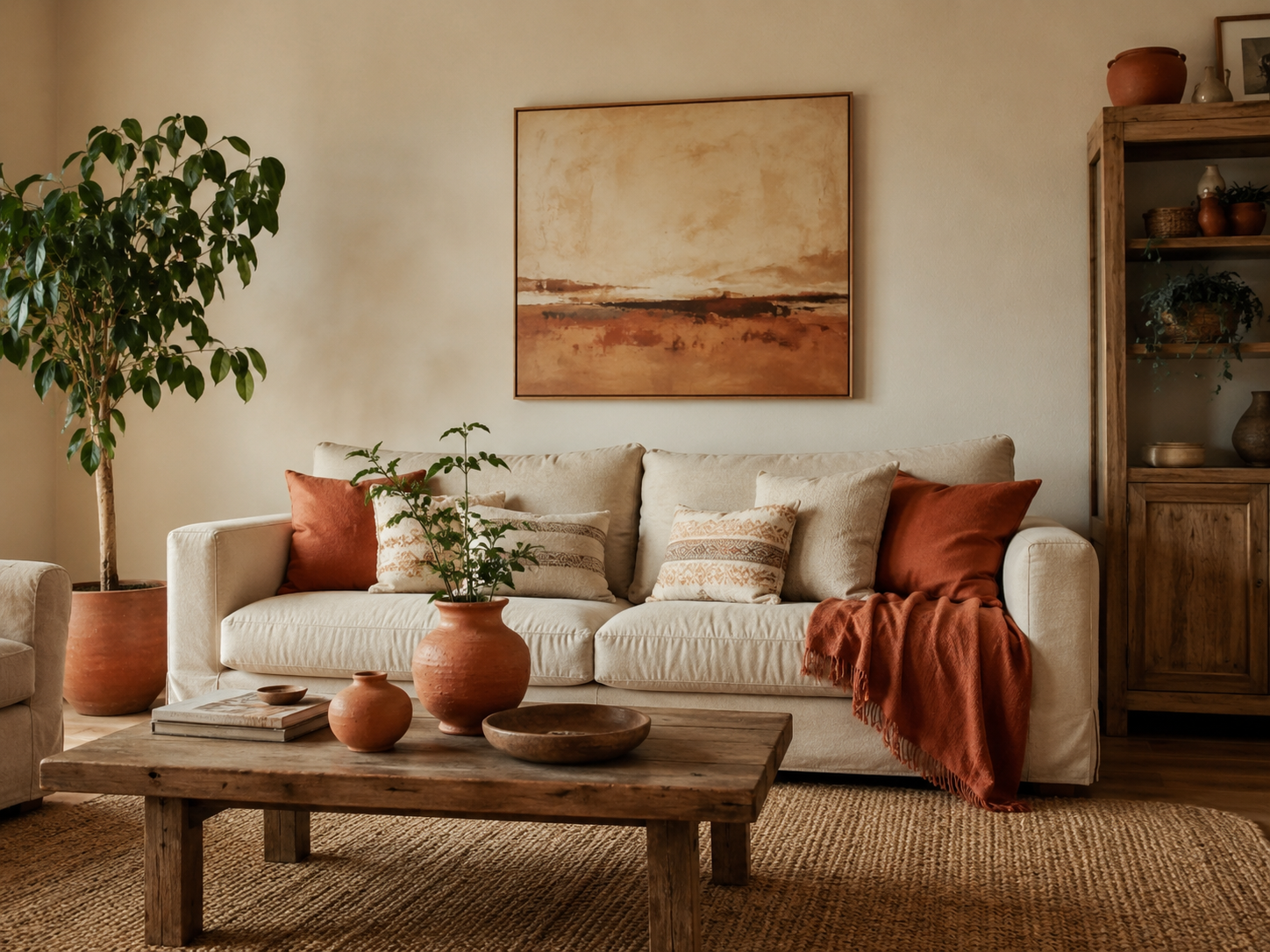 Boho living room with neutral sofa, terracotta pillows, clay throw, ceramic vases, wood coffee table, earth-toned artwork, jute rug, and plant