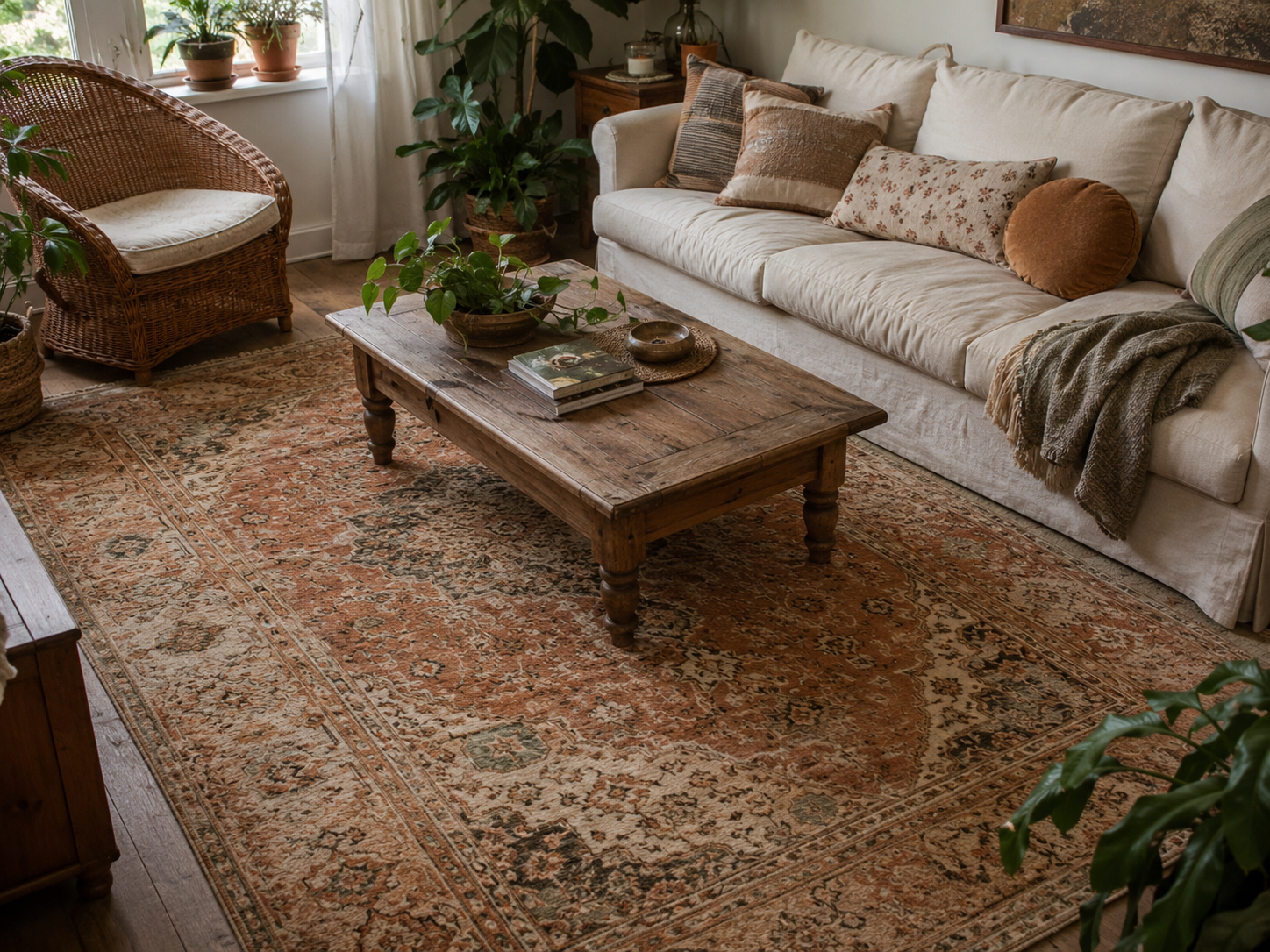 Boho living room with faded vintage-style rug in muted rust, cream, olive, and brown under a wooden coffee table