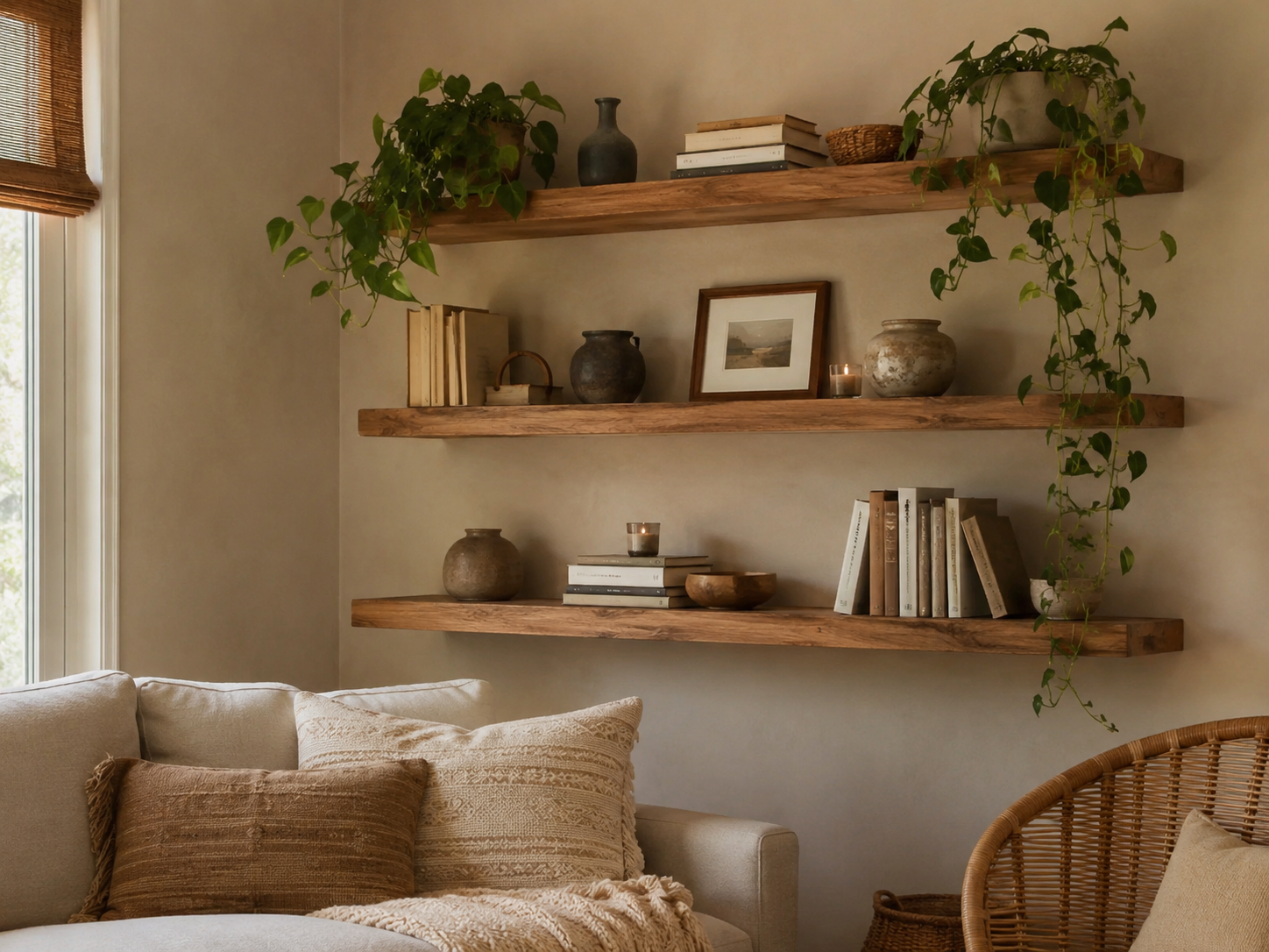 Boho floating shelves in a living room styled with books, handmade ceramics, trailing plants, candles, framed art, and woven basket