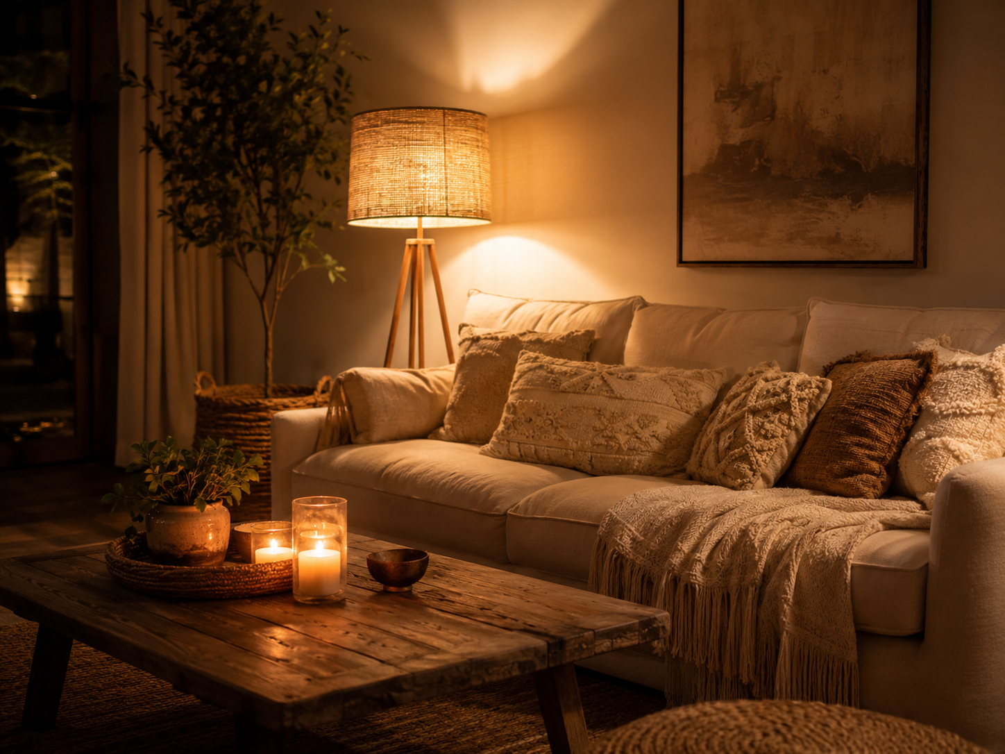 Evening boho living room with cream sofa, glowing floor lamp, candles, soft shadows, textured pillows, and plant