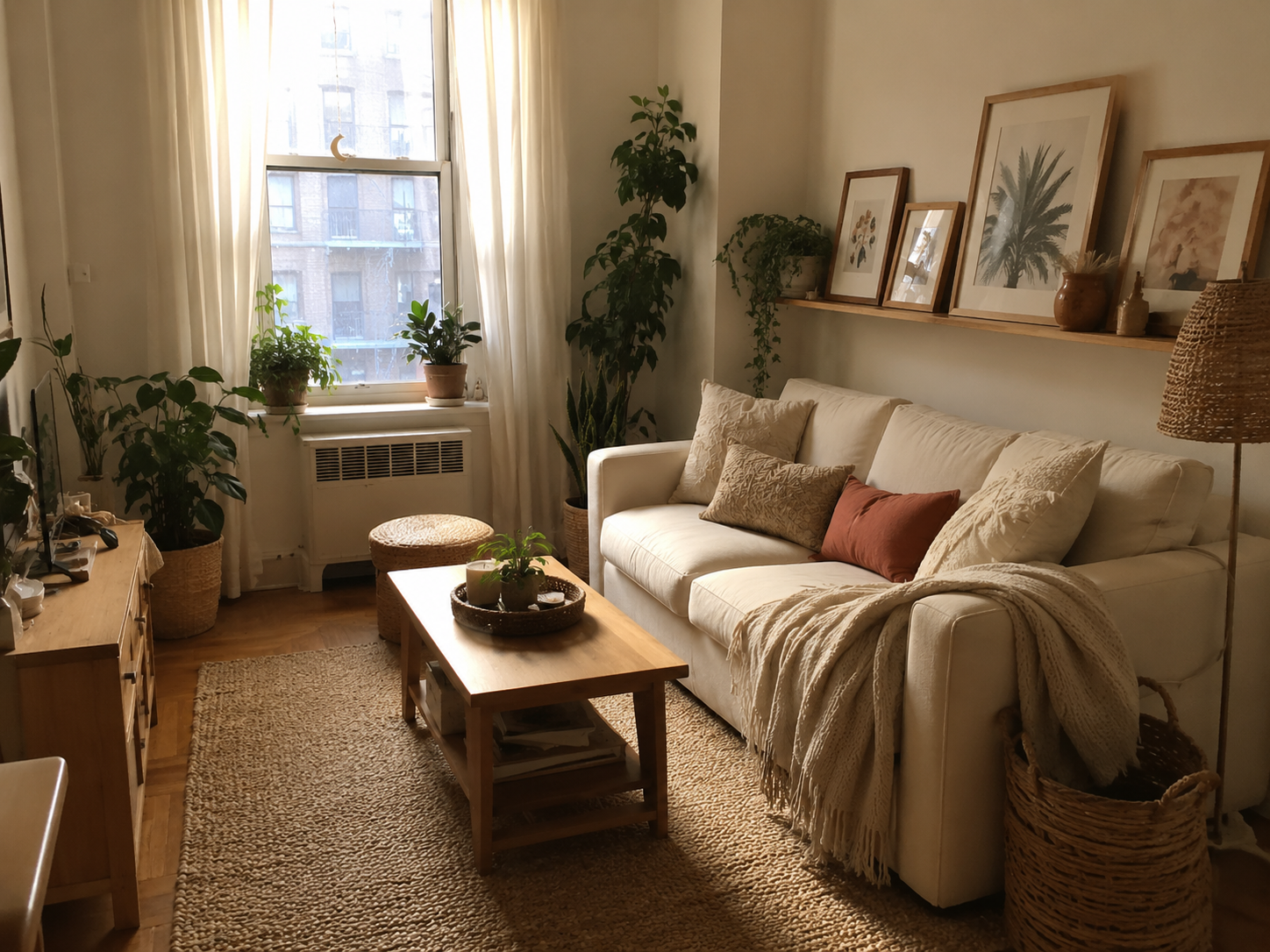 Small boho apartment living room with cream sofa, compact wood coffee table, jute rug, baskets, shelf art, plants, and curtains