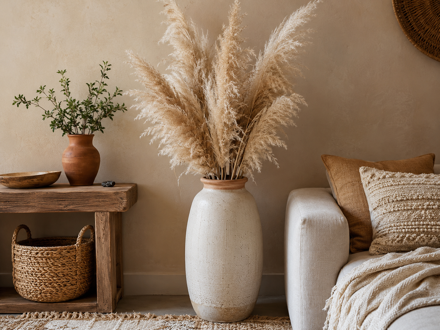 Close-up of pampas grass in a tall ceramic floor vase beside a sofa or console table in a boho living room