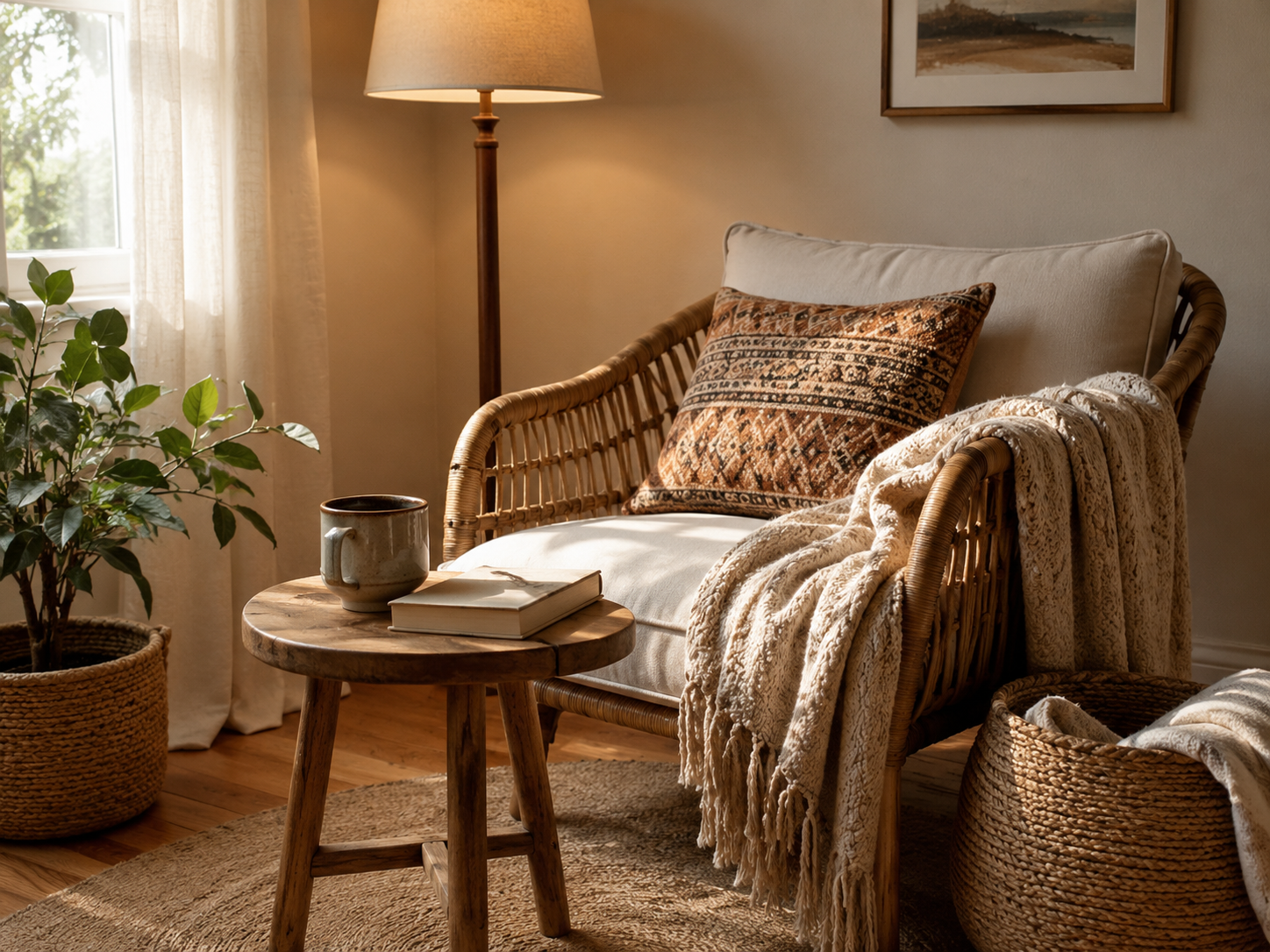 Boho reading corner in a living room with rattan chair, wooden side table, book, mug, floor lamp, plant, basket, and throw blanket