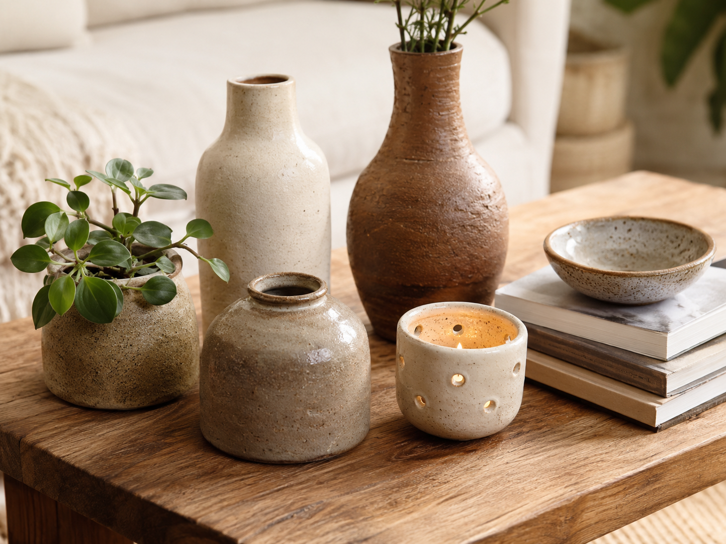 Handmade ceramic decor on a boho living room coffee table or shelf with vases, bowl, candle holder, books, and tiny plant