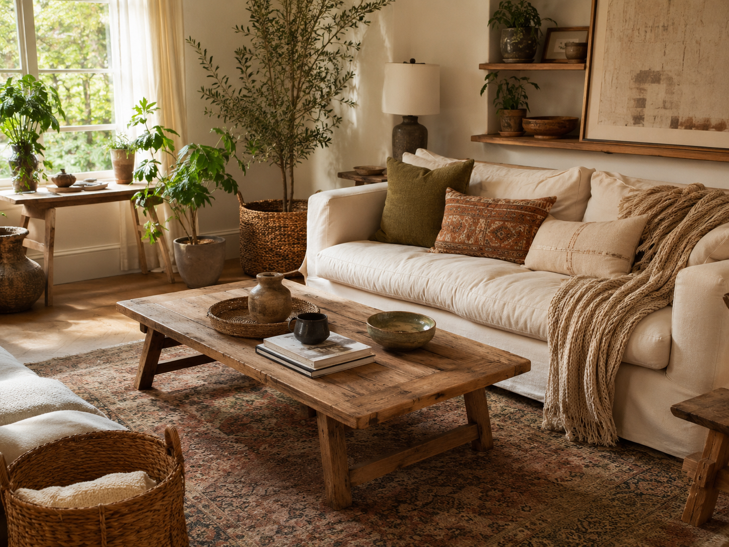 Relaxed personal boho living room with cream sofa, casually draped throw, wood coffee table, books, ceramics, basket, plants, and vintage rug
