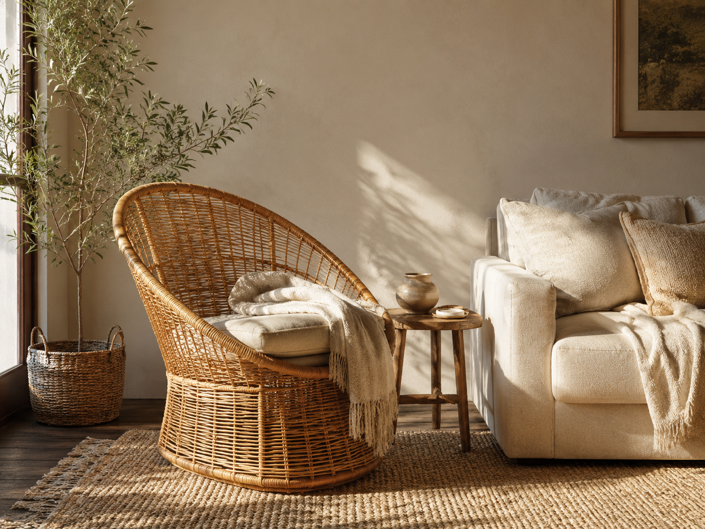Boho living room with a woven rattan accent chair beside a cream sofa, cushion, throw blanket, wooden side table, plant, and textured rug
