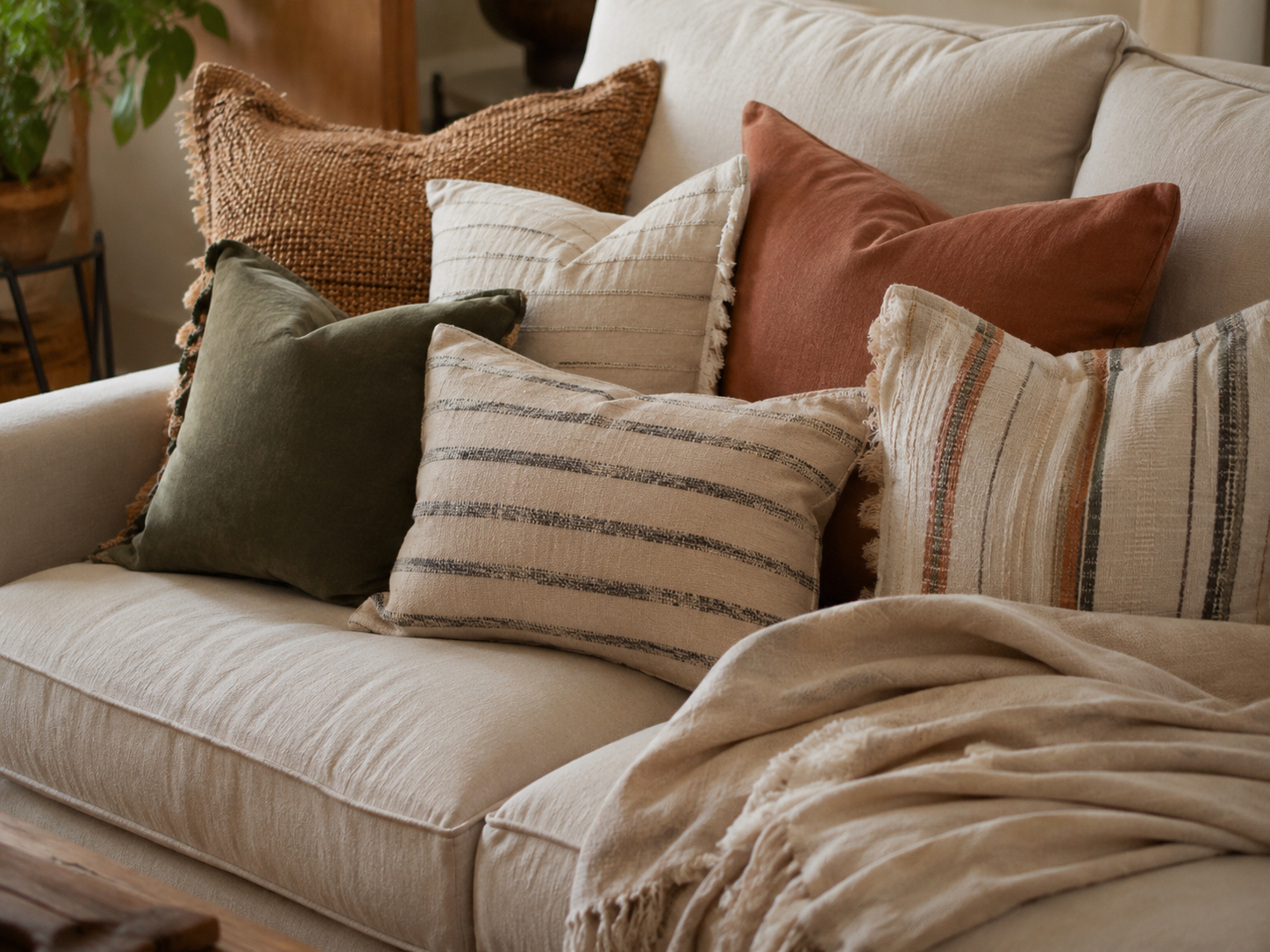 Close-up of a cream sofa styled with boho pillows in linen, woven cotton, stripes, terracotta, olive green, and beige