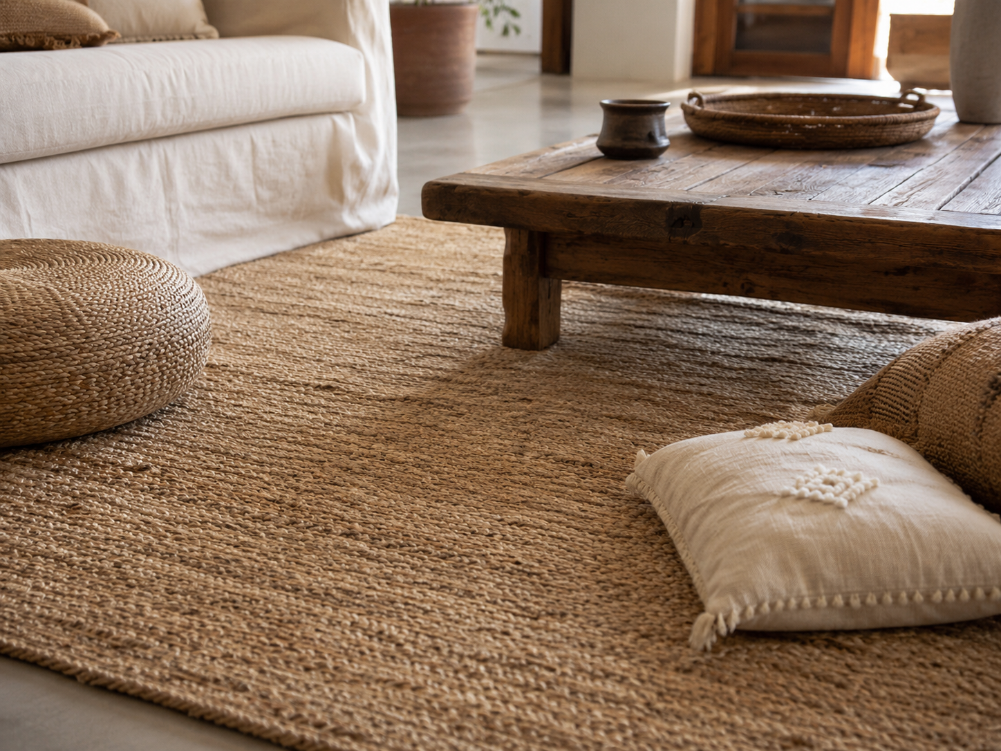 Lower boho living room view with a large jute rug, rustic wood coffee table, cream sofa edge, woven pouf, and floor cushions