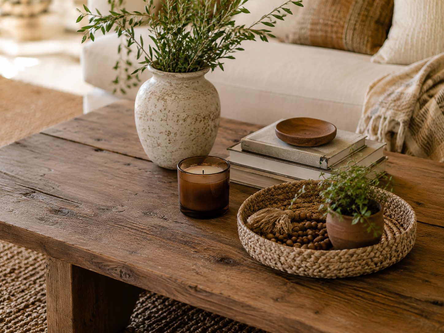 Rustic wooden boho coffee table styled with ceramic vase, candle, books, woven tray, tiny plant, sofa, and textured rug