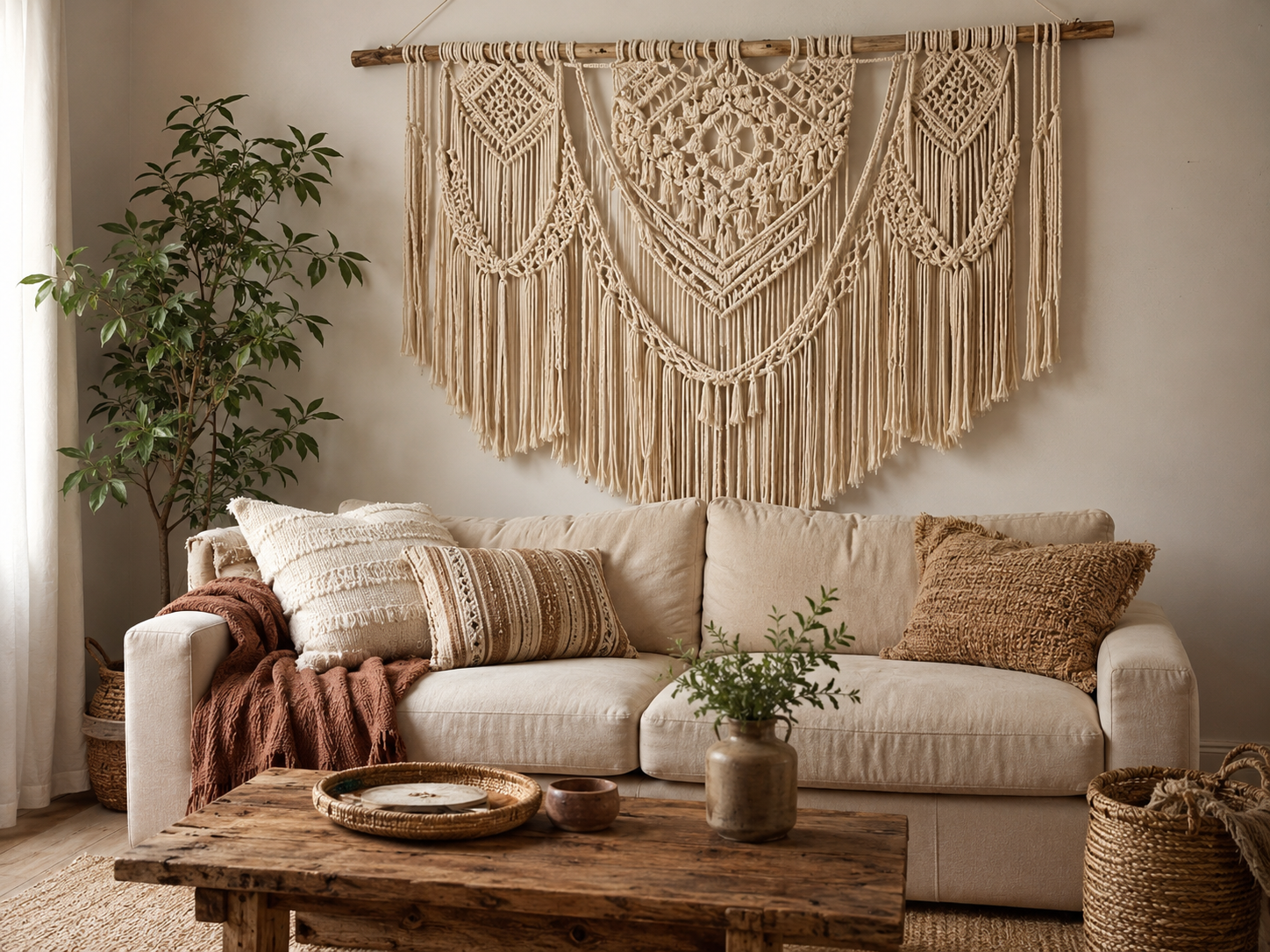 Boho living room with large cream macrame wall hanging above beige sofa, textured pillows, throw, coffee table, plant, and basket