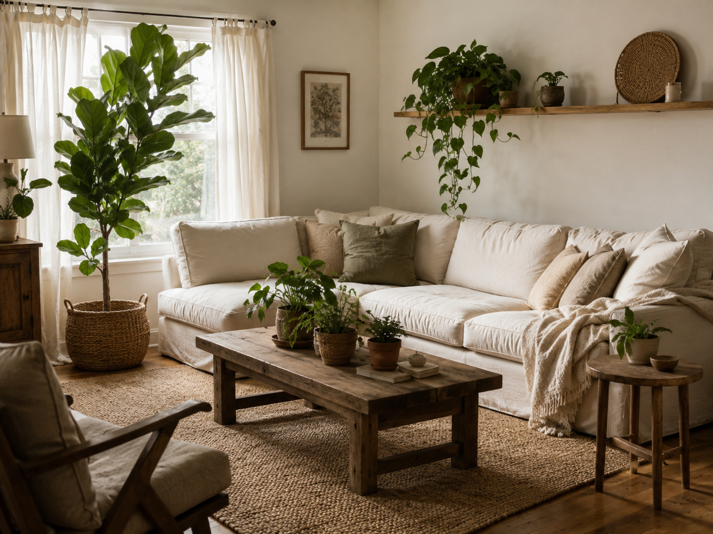 Boho living room with cream sofa, tall floor plant, trailing plant on floating shelf, small potted plants, woven baskets, light curtains, and jute rug