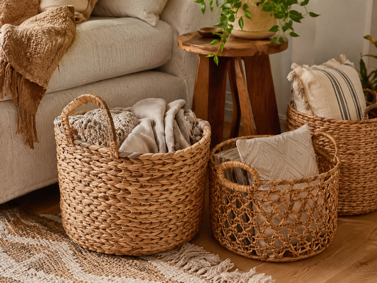 Close-up of woven storage baskets beside a cream sofa with blankets, magazines, pillows, textured rug, side table, and small plant