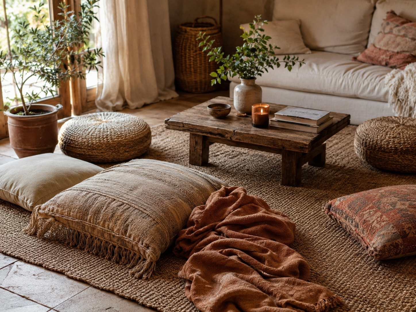 Boho living room floor seating scene with low wood coffee table, woven poufs, floor cushions, jute rug, throw blanket, books, and candles