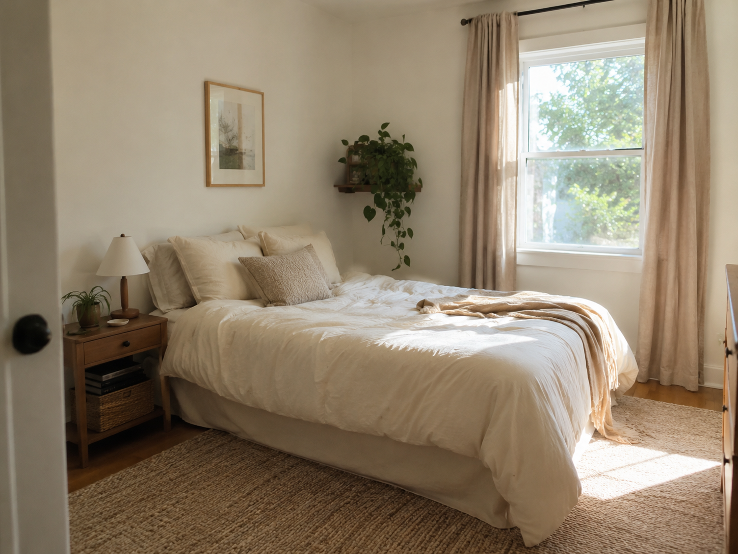 Small bedroom with cream bedding, warm white walls, light wood nightstand, beige curtains, textured rug, and bright natural daylight