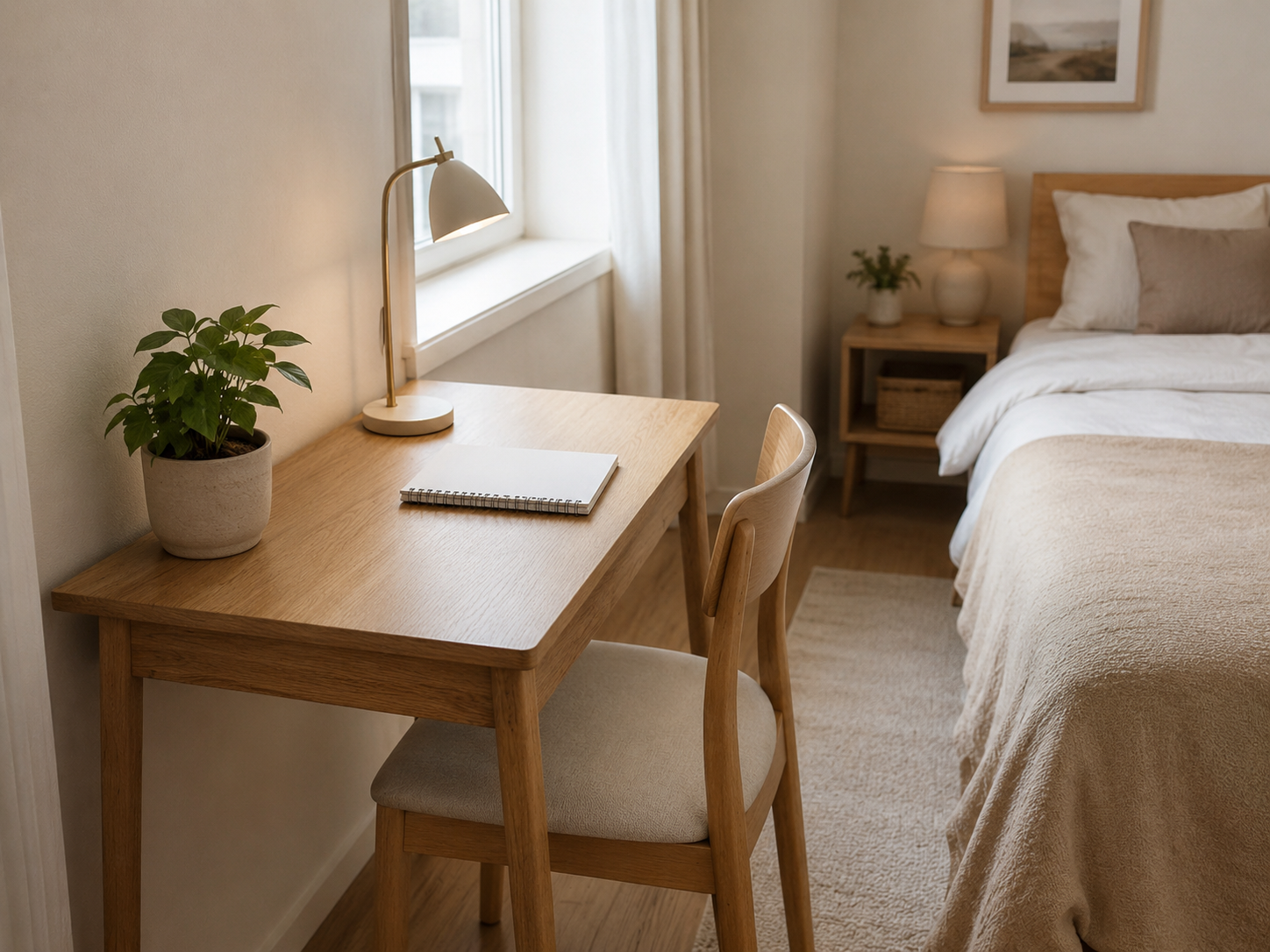 Small bedroom with compact wooden desk near a window or wall, simple chair, lamp, notebook, plant, and bed in background